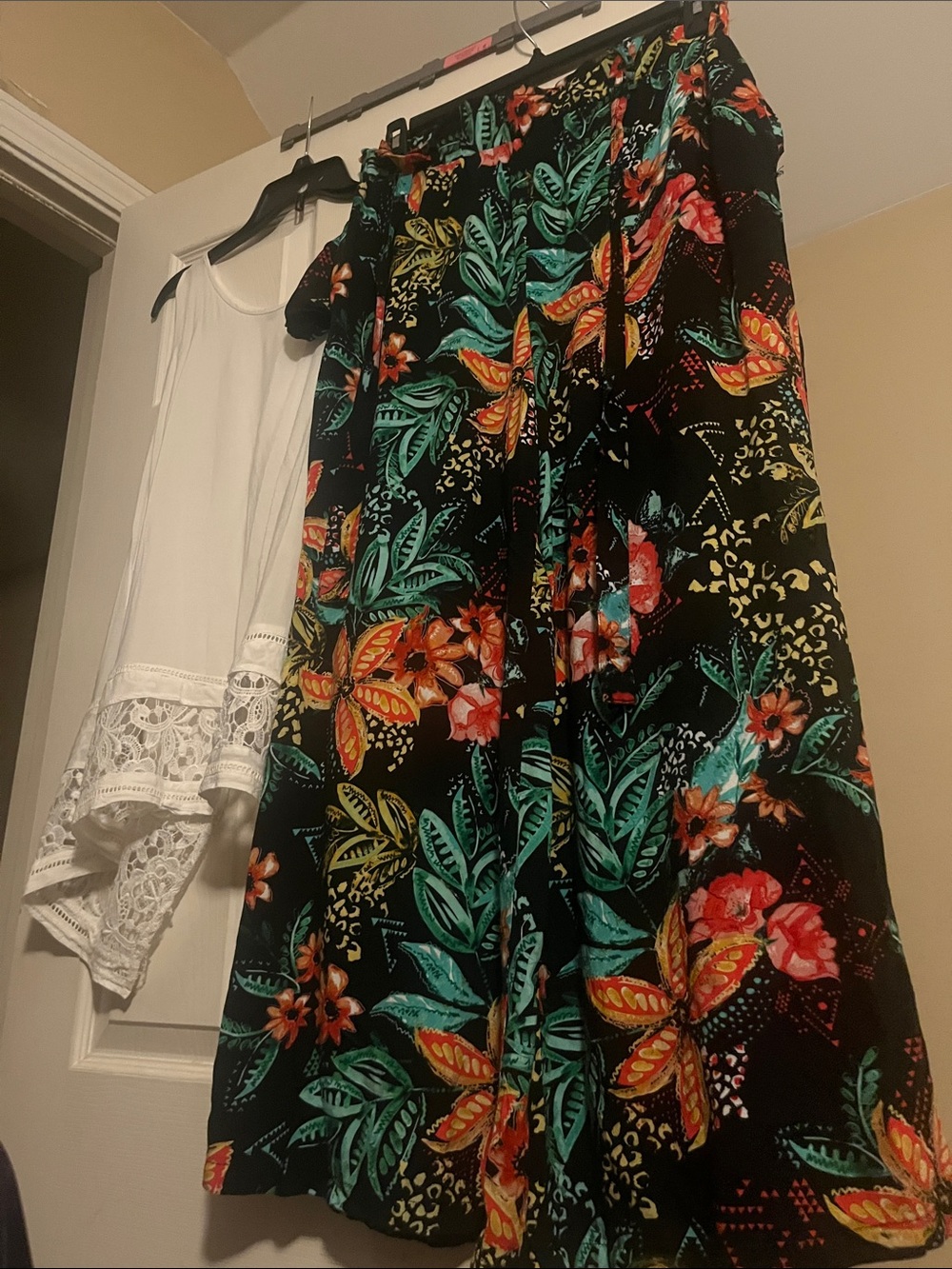 Very J  White Top crochet bottom with Tropical Floral Print Pants